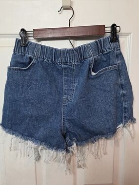 Forever 21 Blue Elastic Waist Frayed Hem Denim Shorts